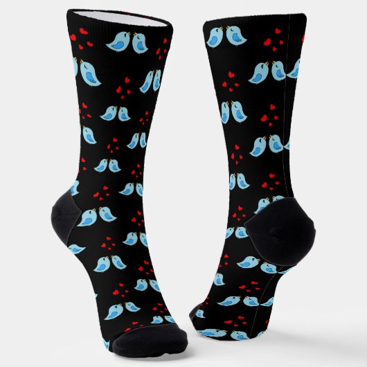 Chaussette Jolis Petits Oiseaux Bleus sur Fond Noir (Angulaire)