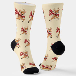 Chaussette Jolis rennes de Noël avec une écharpe rouge à floc