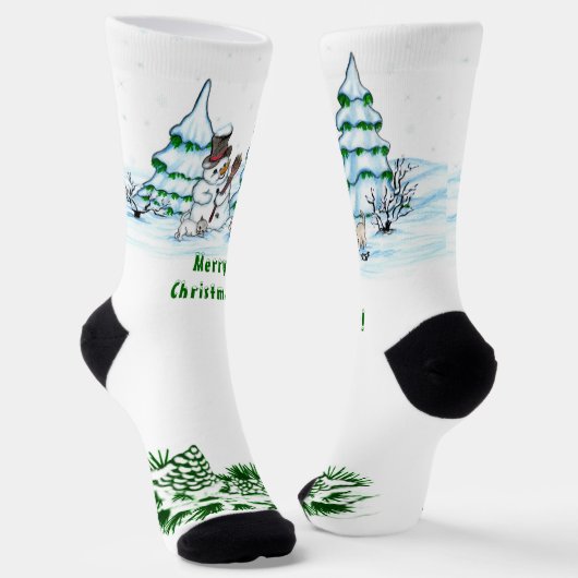 Chaussette Joyeux Noël ! Bonhomme de neige avec chat et chiot (Angulaire)