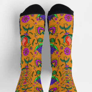 Chaussette Kalamkari Fleurs colorées Jaune Arrière - plan Ver