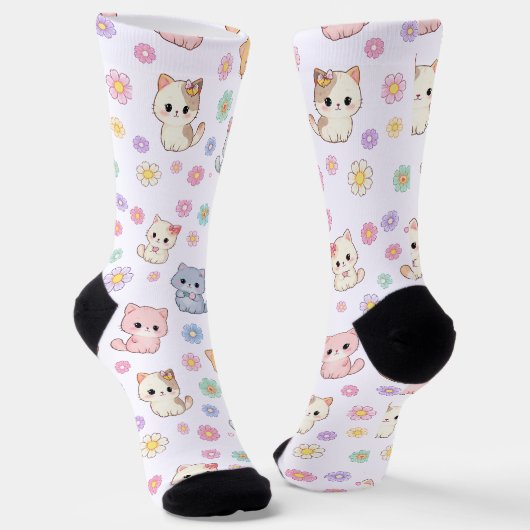 Chaussette Kawaii Pastel Chatons et Fleurs (Angulaire)