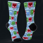 Chaussette L'amour pour la paix Hanoukka<br><div class="desc">Mignonne Peace Love Hanoukka chaussettes pour un parti Chanukah. Un joli signe de paix,  un coeur,  et une belle menorah sur des chaussettes de vacances juives. Un grand cadeau.</div>