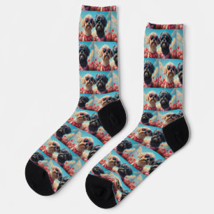 Chaussette Lhasa Apso avec roses de cœur pour la Saint-Valent