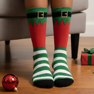 Chaussette Lutin de Noël de Père Noël en vert rayé rouge