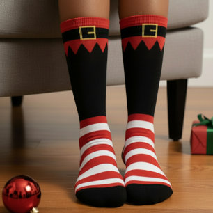 Chaussette Lutin de Noël Rouge Rayé Noir du Père Noël