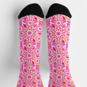 Chaussette Mandala motif, fuchsia rose et corail