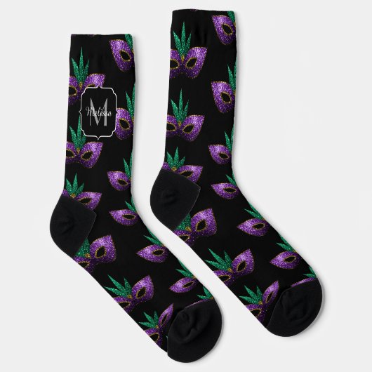 Chaussette Mardi Gras Masque Purple Vert Étincelles Monogramm (Droite)