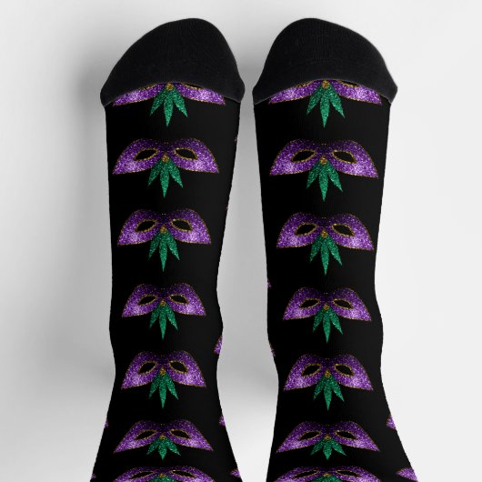 Chaussette Mardi Gras Masque violet vert or éclaboussures mot (Haut)