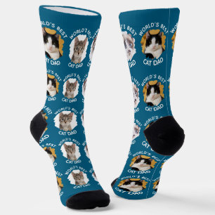 Chaussette Meilleur Chat Papa - Custom 3 Photos de Chat Bleu