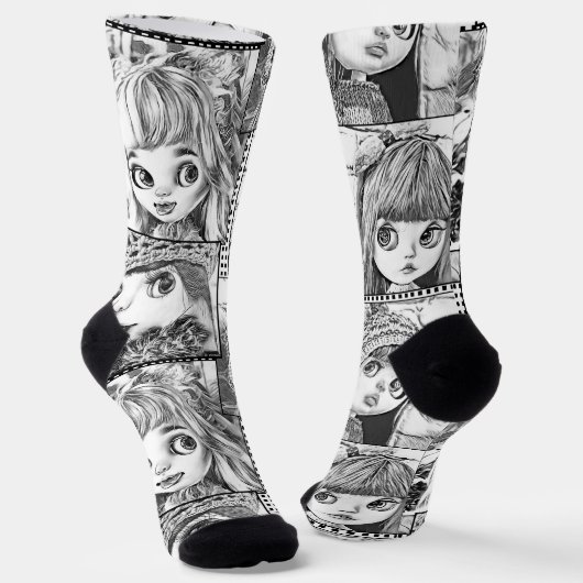 Chaussette Mes poupées patchwork noires et blanches préférées (Angulaire)
