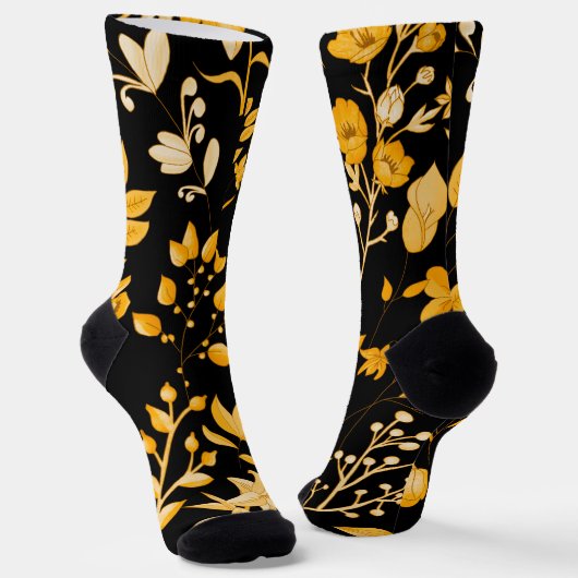 Chaussette Modèle Floral d'or pour l'automne. BG noir (Angulaire)