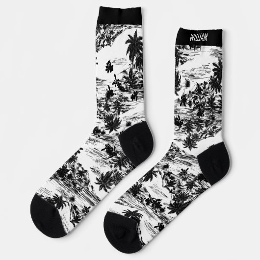 Chaussette Moderne Tropical Hawaiian Island Nom noir et blanc (Gauche)