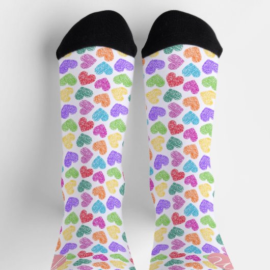 Chaussette Moderne Vibrant Rainbow Doodle Hearts Monogramme (Haut)
