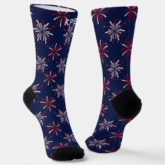 Chaussette Monogram Initials Red & White Fireworks on Blue (Angulaire)