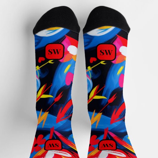 Chaussette Monogramme abstrait bleu jaune (Haut)