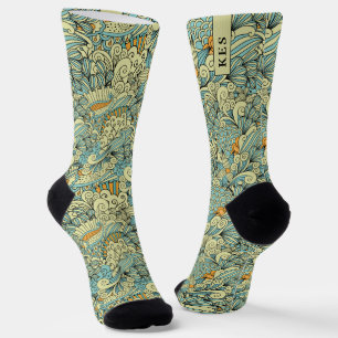 Chaussette Monogramme de motif floral botanique rétro vintage