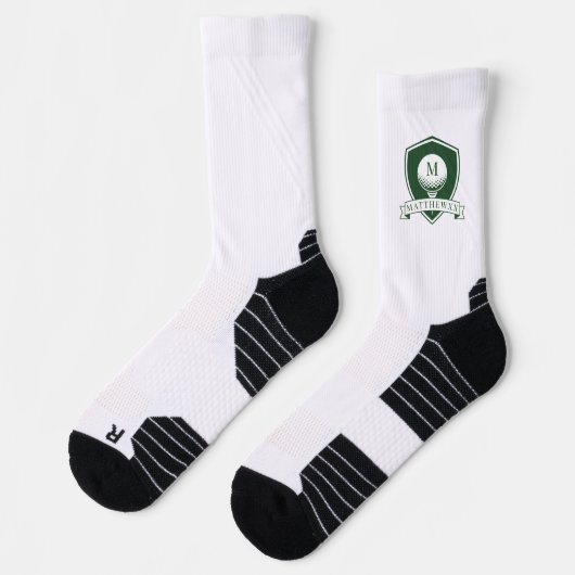 Chaussette Monogramme Initial Nom Moderne Vert Foncé et Blanc (Gauche)
