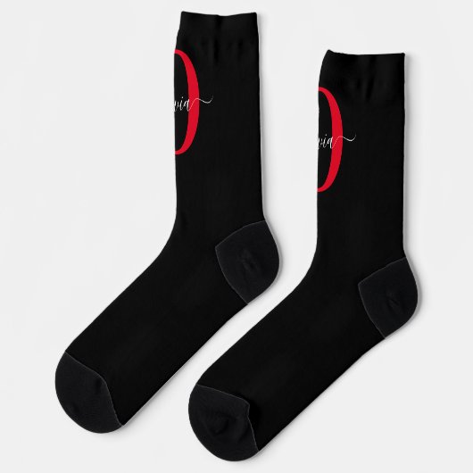 Chaussette Monogramme personnalisé Nom du script Noir Blanc R (Gauche)