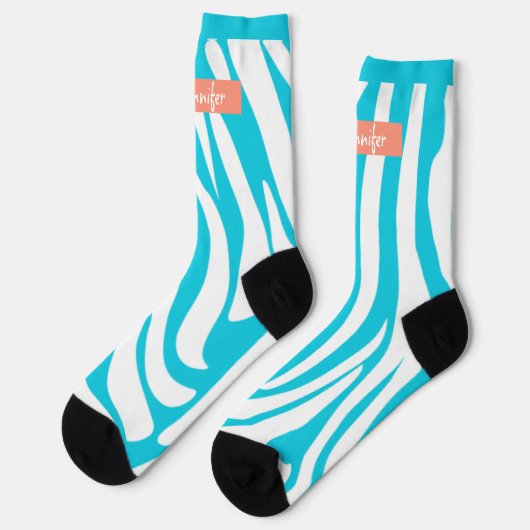 Chaussette Monogramme Turquoise rayé Zèbre motif tendance (Gauche)