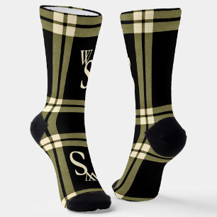 Chaussette monogramme vert olive, crème et plaid noir