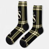 Chaussette monogramme vert olive, crème et plaid noir (Gauche)