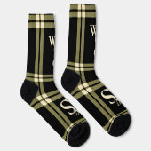 Chaussette monogramme vert olive, crème et plaid noir (Droite)