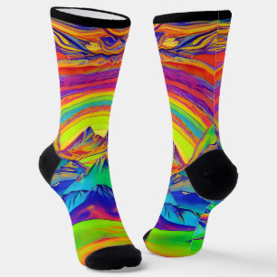 Chaussette Montagnes colorées tripantes avec un coucher de so