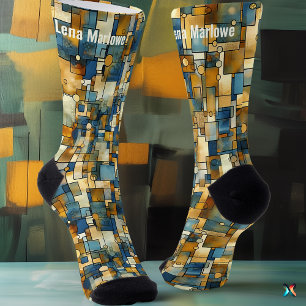 Chaussette Mosaïque Abstraite en Bleu et Or Contemporaine 