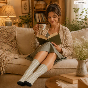 Chaussette Motif à carreaux gingham vert sauge et blanc