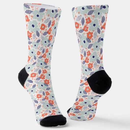 Chaussette Motif à fleurs moderne orange et bleu (Angulaire)