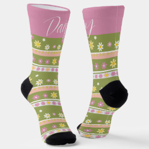 Chaussette Motif à fleurs rose et verte personnalisable