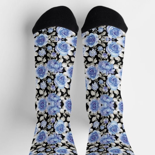 Chaussette Motif à imprimé floral bleu élégant sur noir (Haut)