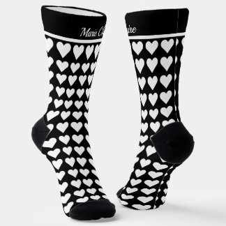Chaussette Motif Cœur Élégant Noir Blanc Nom Personnalisé
