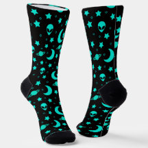 Motif d'alien turquoise avec étoiles et lunes