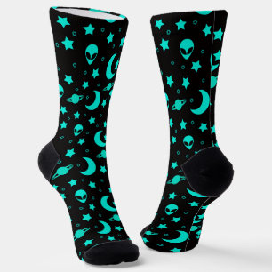 Chaussette Motif d'alien turquoise avec étoiles et lunes