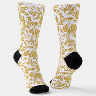 Chaussette Motif damassé floral vintage or sur blanc