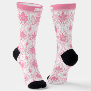 Chaussette motif damassé rose blanc