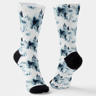 Chaussette Motif d'aquarelle de la forêt bleue de minuit