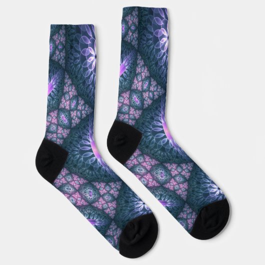 Chaussette motif d'art fractal 3D Turquoise violet rose (Droite)