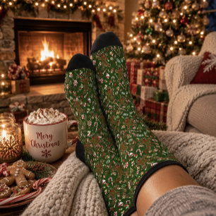 Chaussette Motif de bonbon en pain d'épice festif vert ludiqu