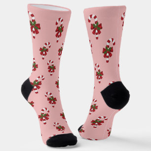 Chaussette Motif de canne festive sur fond rose