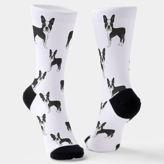 Chaussette Motif de dessin de chien de Boston Terrier noir et (Angulaire)