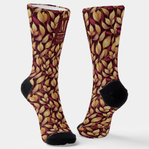 Chaussette Motif de feuilles d'automne pailleté or bordeaux r