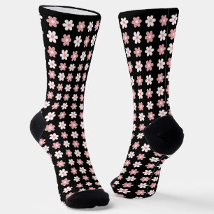 Chaussette Motif de fleurs roses et blanches sur fond noir