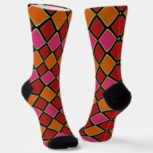 Chaussette Motif diamant Harlequin vibrant en rouge, orange, 