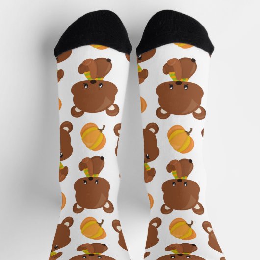Chaussette Motif D'Ours, Ours Mignons, Automne, Citrouille (Haut)