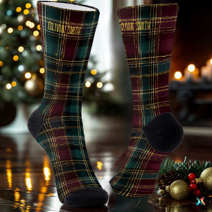 Chaussette Motif écossais de Noël vert et bordeaux luxueux su