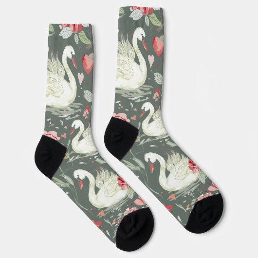 Chaussette Motif Éléments de Cygnes & Cœurs Élégants Rustique (Droite)