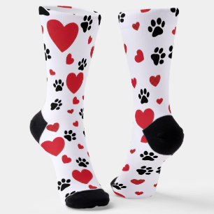 Chaussette Motif Empreintes de Pattes et Cœurs Rouges pour la