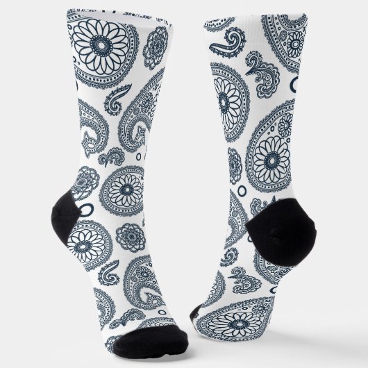 Chaussette Motif en cachemire bleu foncé indien sur blanc (Angulaire)